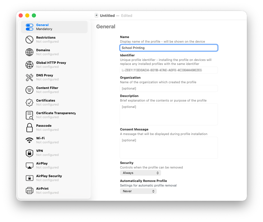 Screenshot of General tab in Apple Configurator