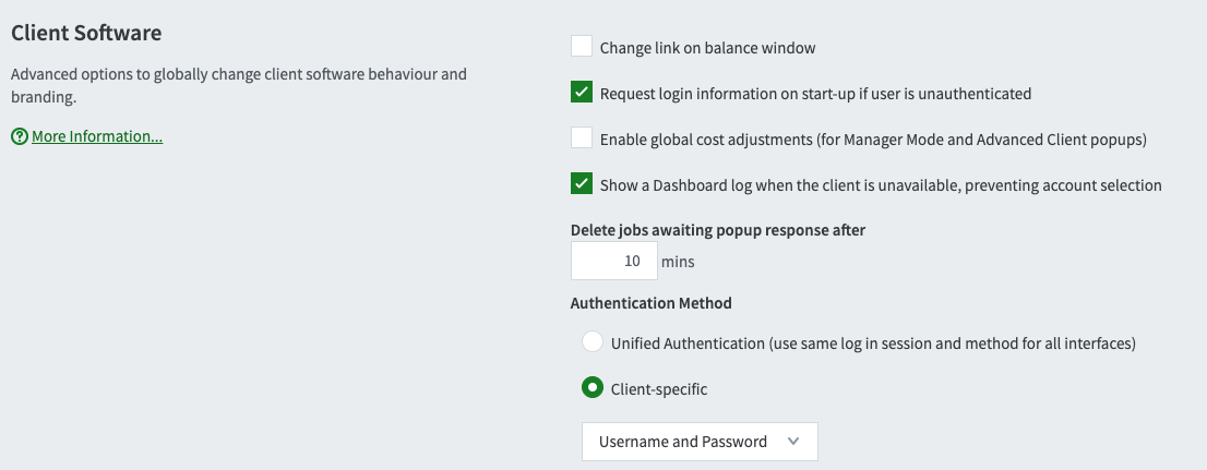 Screenshot of the Client Software section of the Overview page, showing the Client-specific option selected.