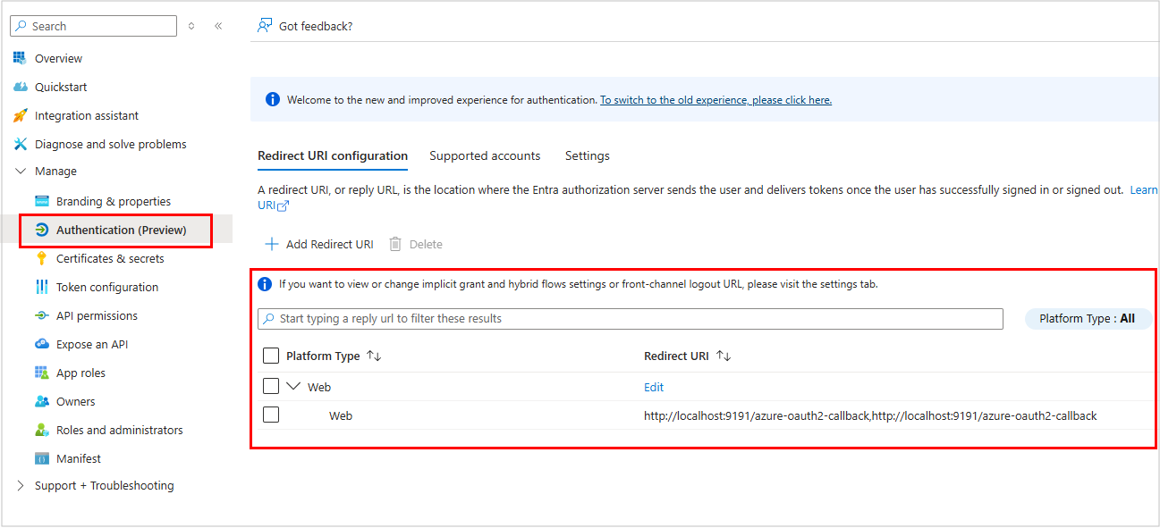 Screenshot of the "Redirect URI configuration" tab showing the platform type and redirect URI