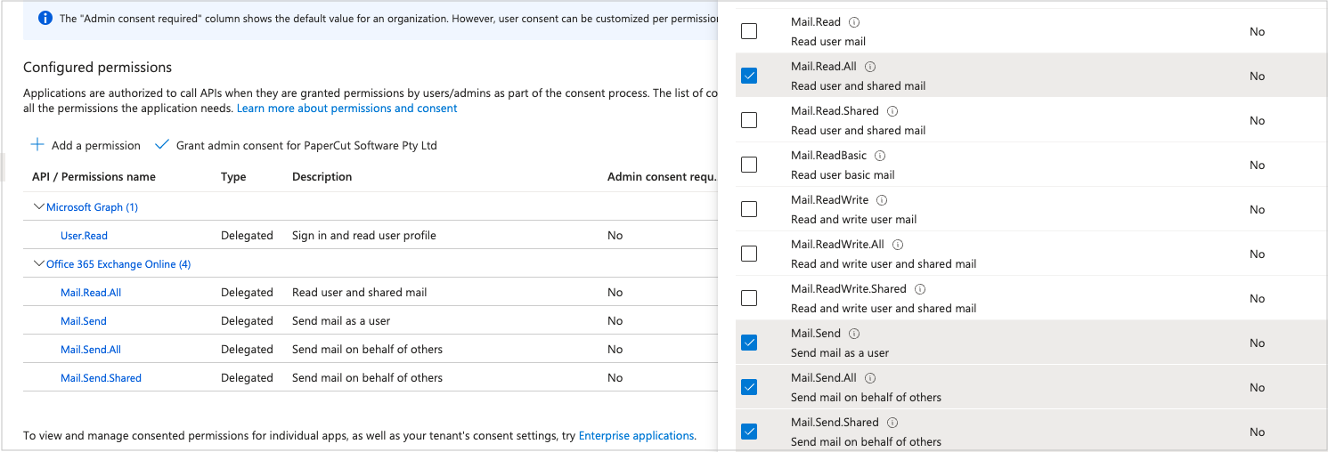 Various mail permissions Screenshot of the "Configured permissions" showing various permissions