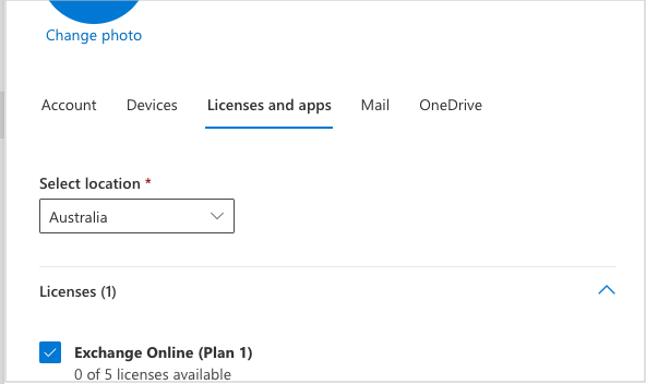 Licenses and apps tab Screenshot of the Microsoft Licenses and apps tab