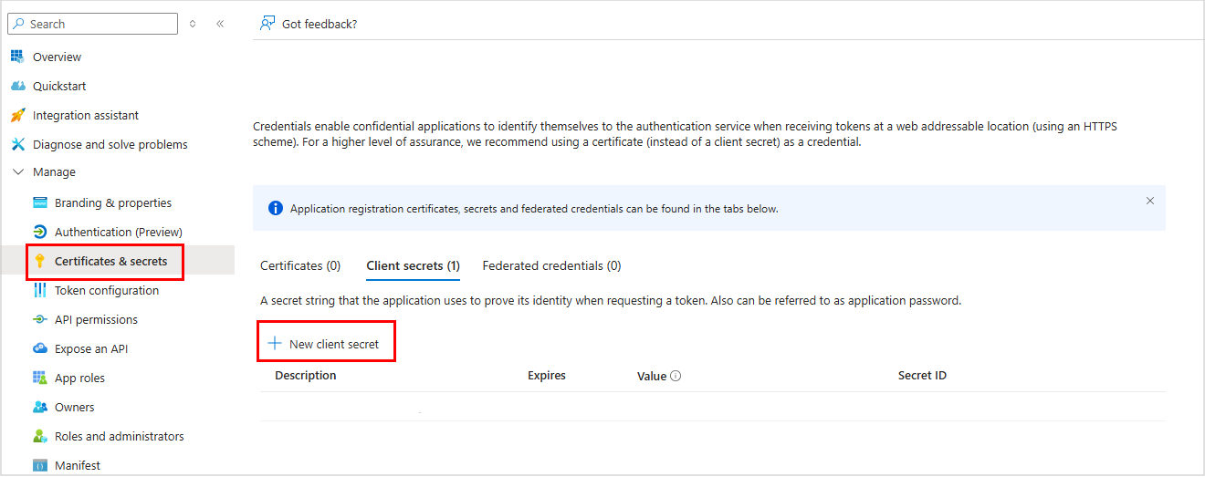 Certificate & secrets page, Client secrets tab Screenshot of the Certificate secrets page, showing the Client secrets tab