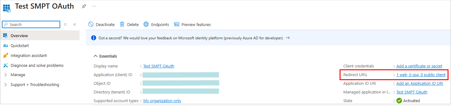 Test SMPT OAuth page Screenshot of the "Test SMPT OAuth" page showing the "Redirect URIs" information