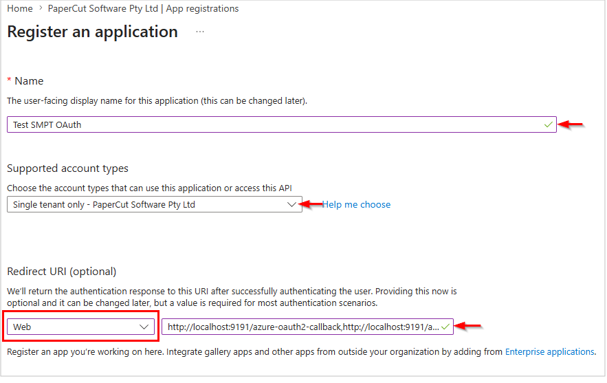 Redirect URI dropdown Screenshot of the the 'Register an application' highlighting the Redirect URI dropdown