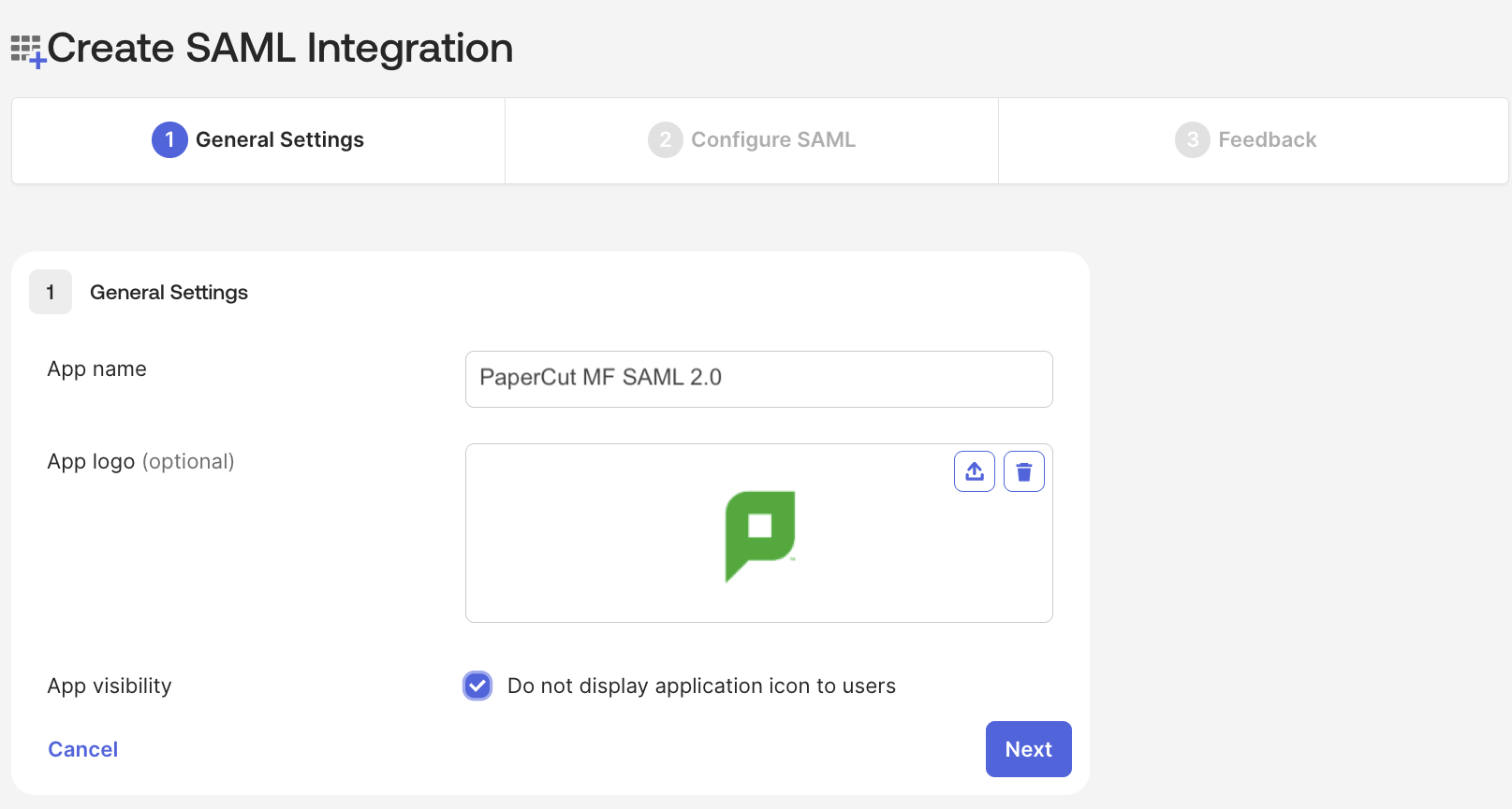 Create SAML Integration dialog in the Okta Admin Interface