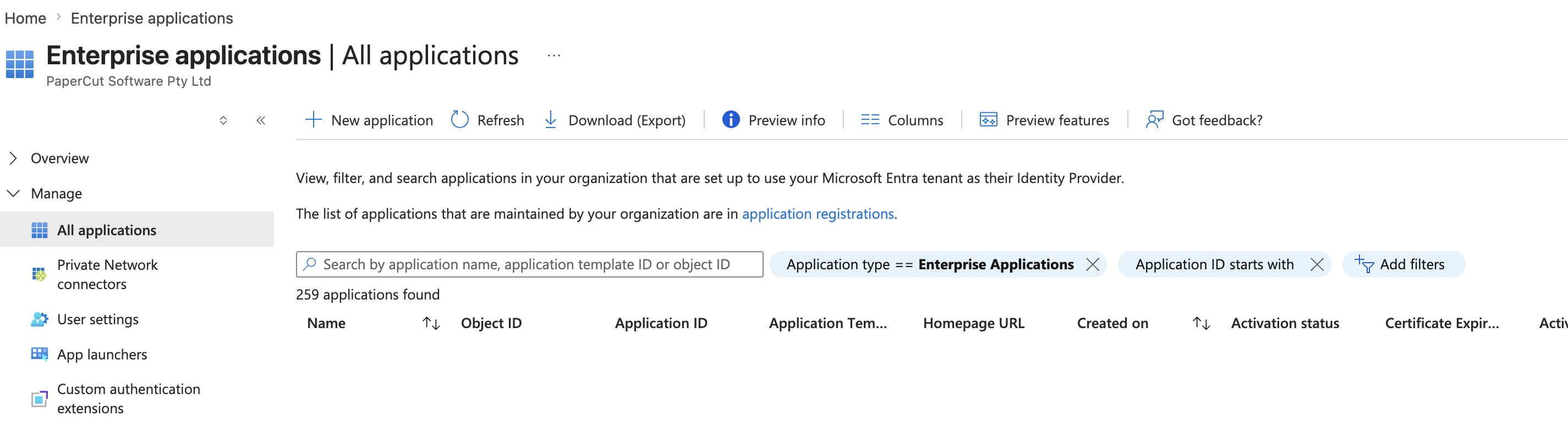 Screenshot of Enterprise ID, All applications area.