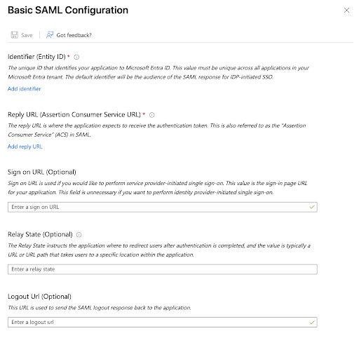 Screenshot of the Entra ID Basic SAML Configuration panel showing the Identifier (Entity ID) field and Reply URL (Assertion Consumer Service URL) fields