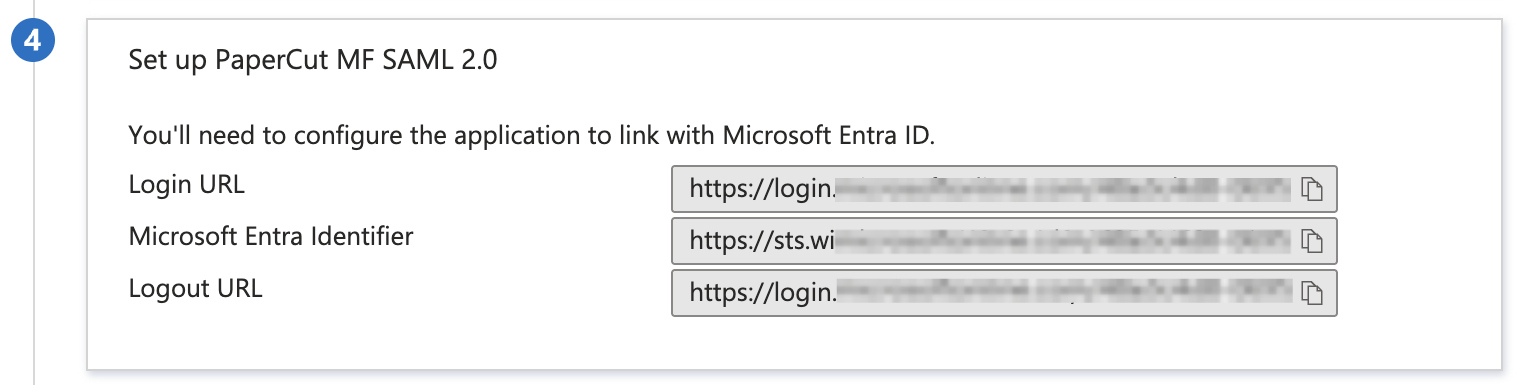 Microsoft Entra ID, SAML-based Sign-on page, step 4, Set up, showing the Login URL, Microsoft Entra Identifier, and Logout URL fields
