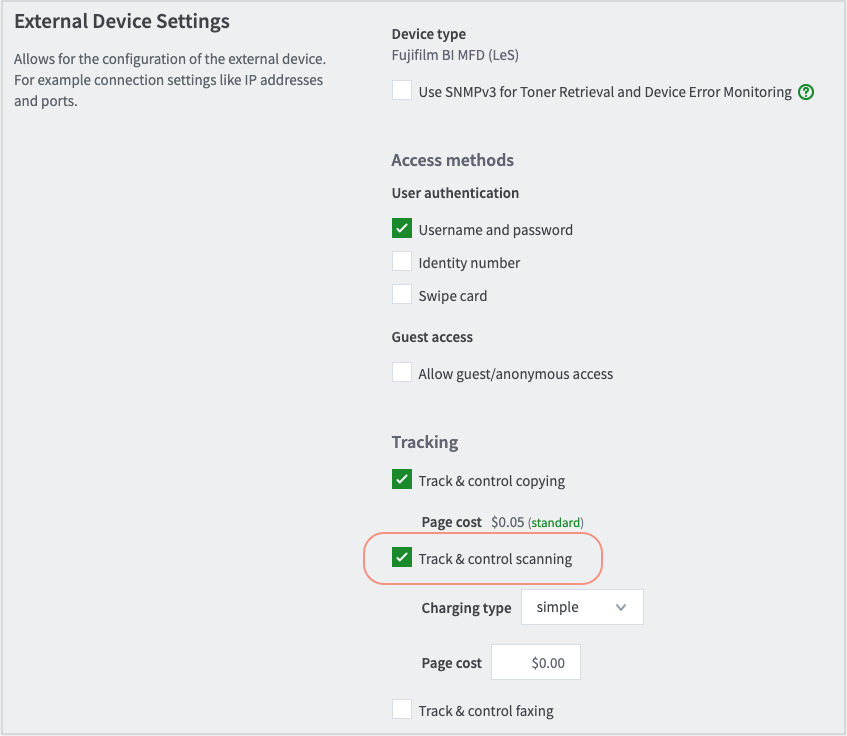Screenshot of the External Device Settings area with the "Track & control scanning" checkbox selected