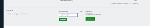 Screenshot of Activation Key field and Submit key