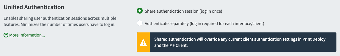 Screenshot of the Unified Authentication area of the user/Group Sync tab in PaperCut MF