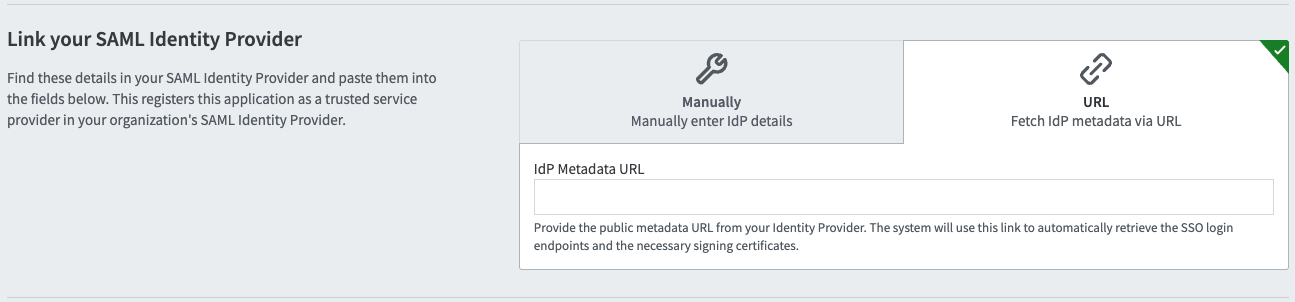 Screenshot of the Link your SAML Identity Provider section, showing the Manually and URL tabs.