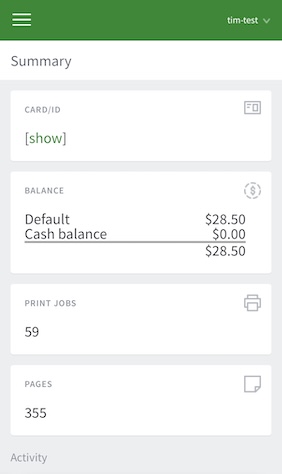 Mobile dashboard - Summary view