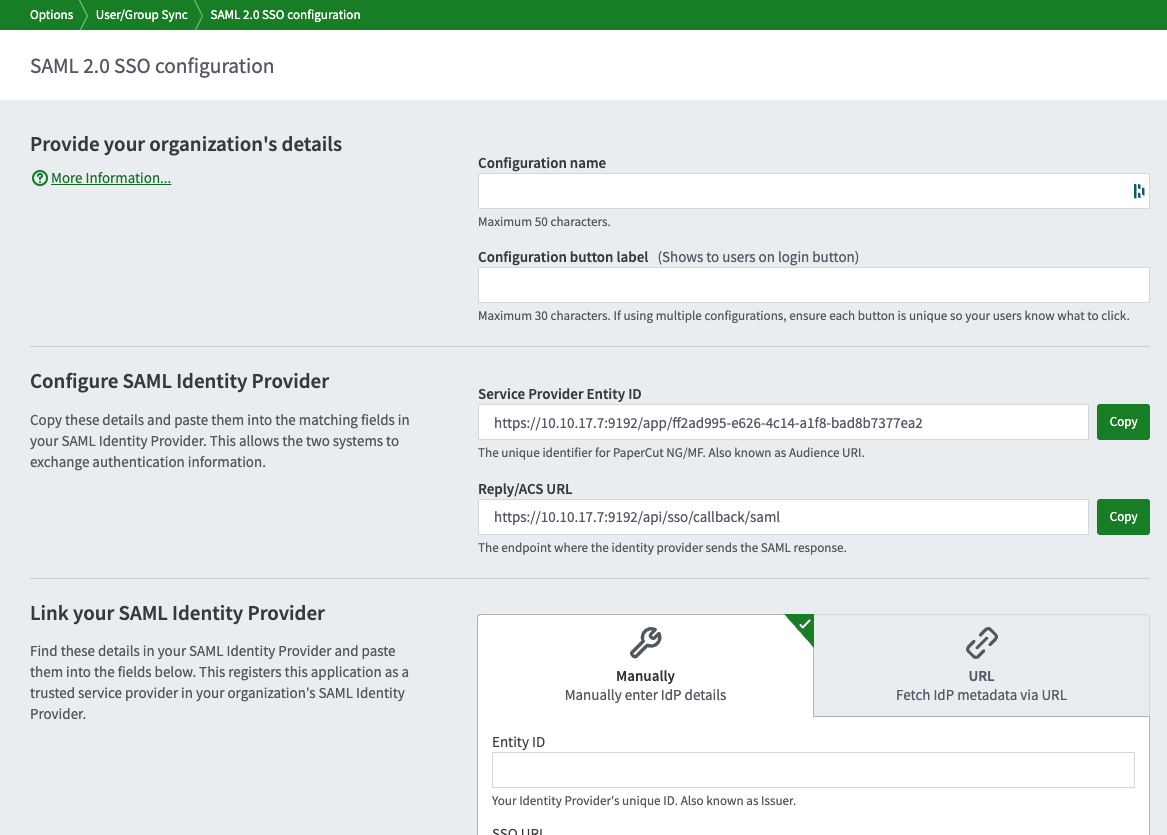 Screenshot of the SAML 2.0 SSO configuration page showing the first three sections: Provide your organization's details, Configure SAML Identify Provider, and Link your SAML Identity Provider