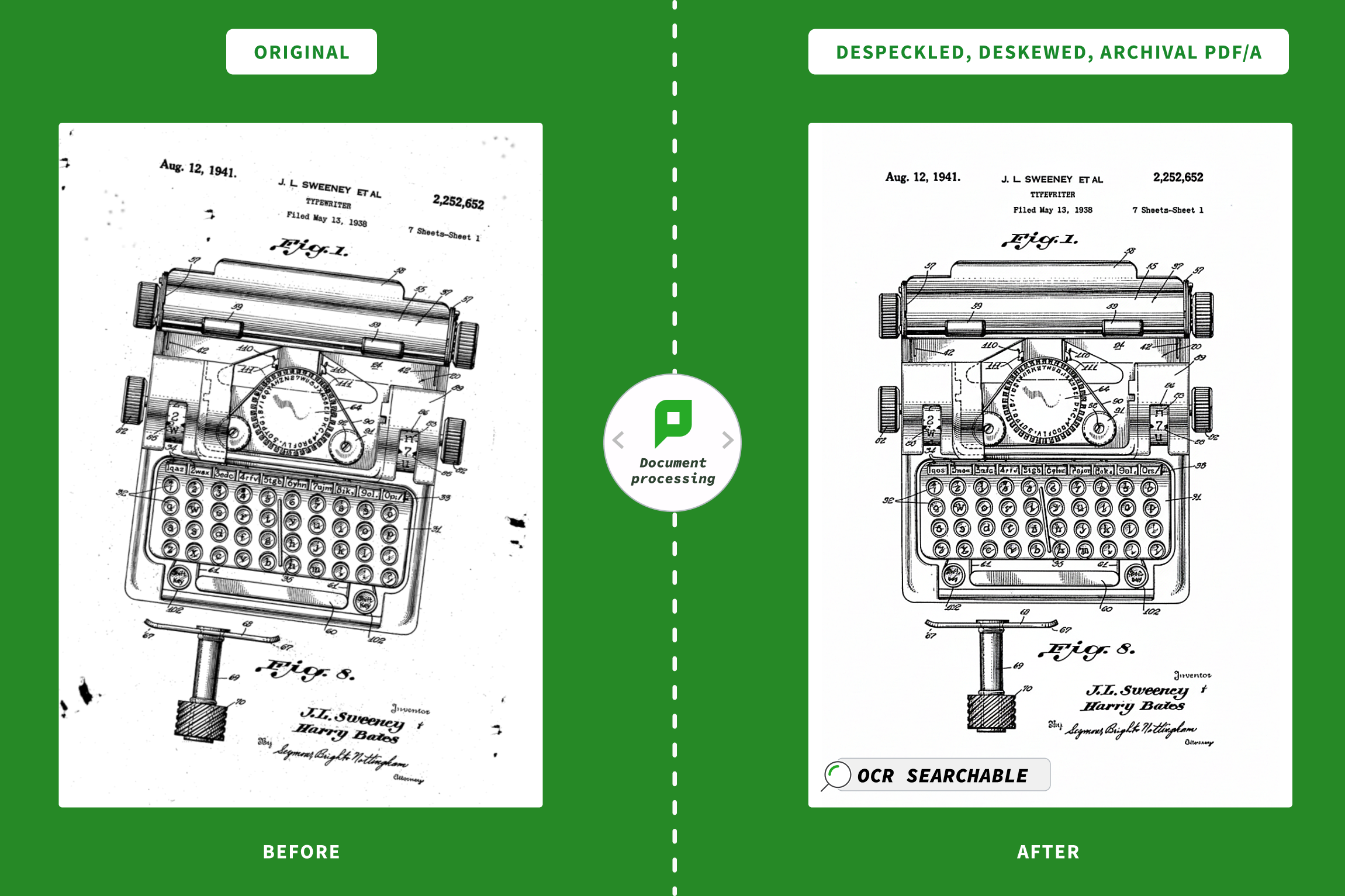 An image showing how PaperCut Hive can cleanup messy scans to automatically deskew crooked images, remove blank pages to save paper and apply smart compression to keep file sizes low.
