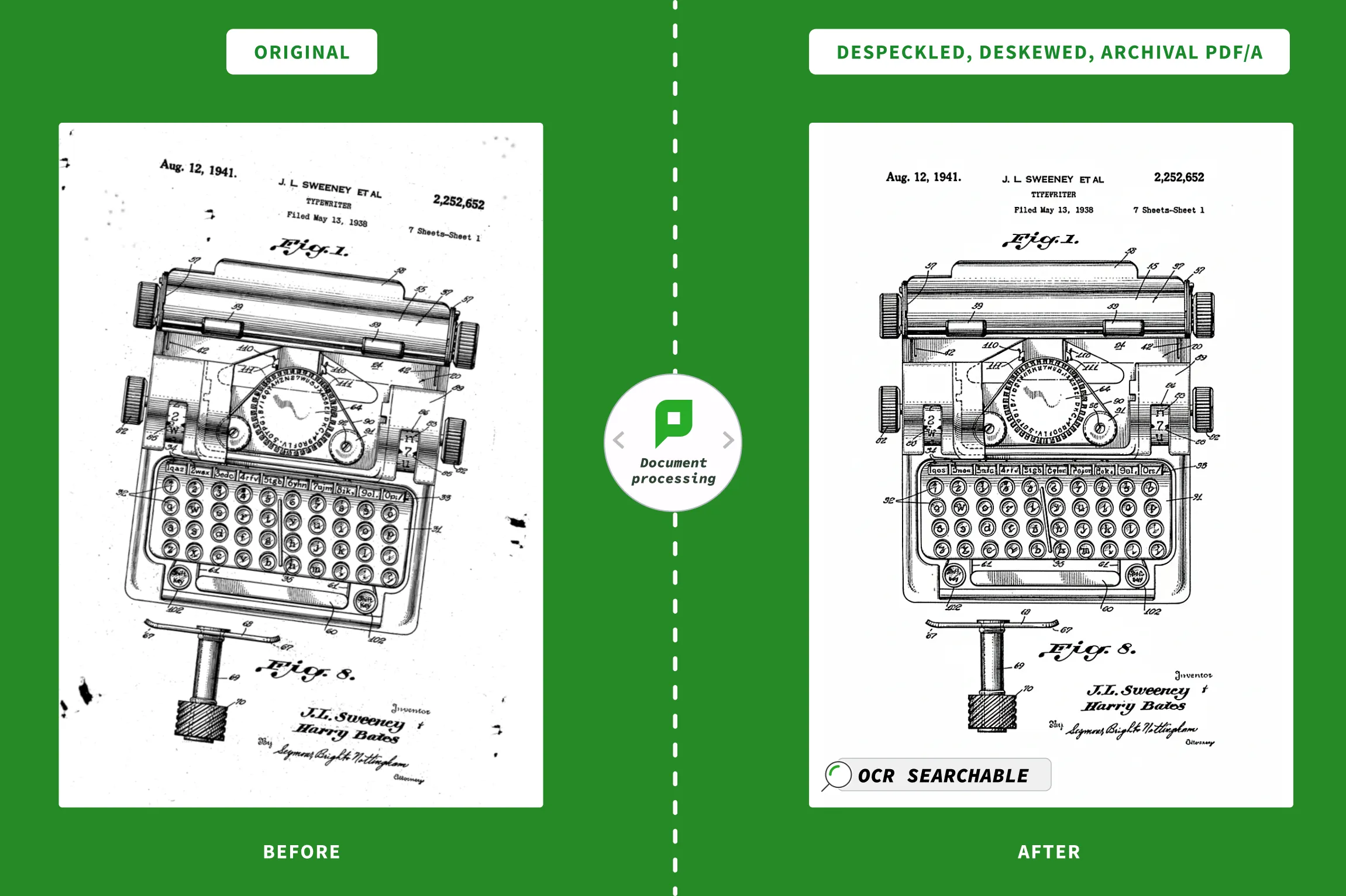 An image showing how PaperCut MF can cleanup messy scans to automatically deskew crooked images, remove blank pages to save paper and apply smart compression to keep file sizes low.