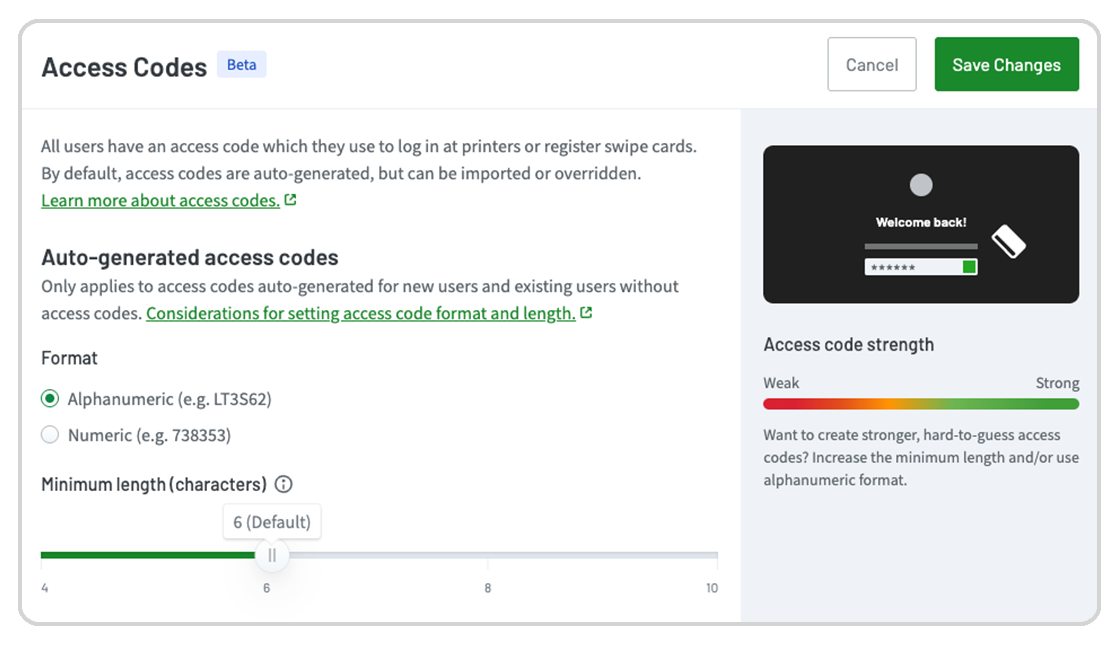 Customizing the access codes in the PaperCut Hive admin console
