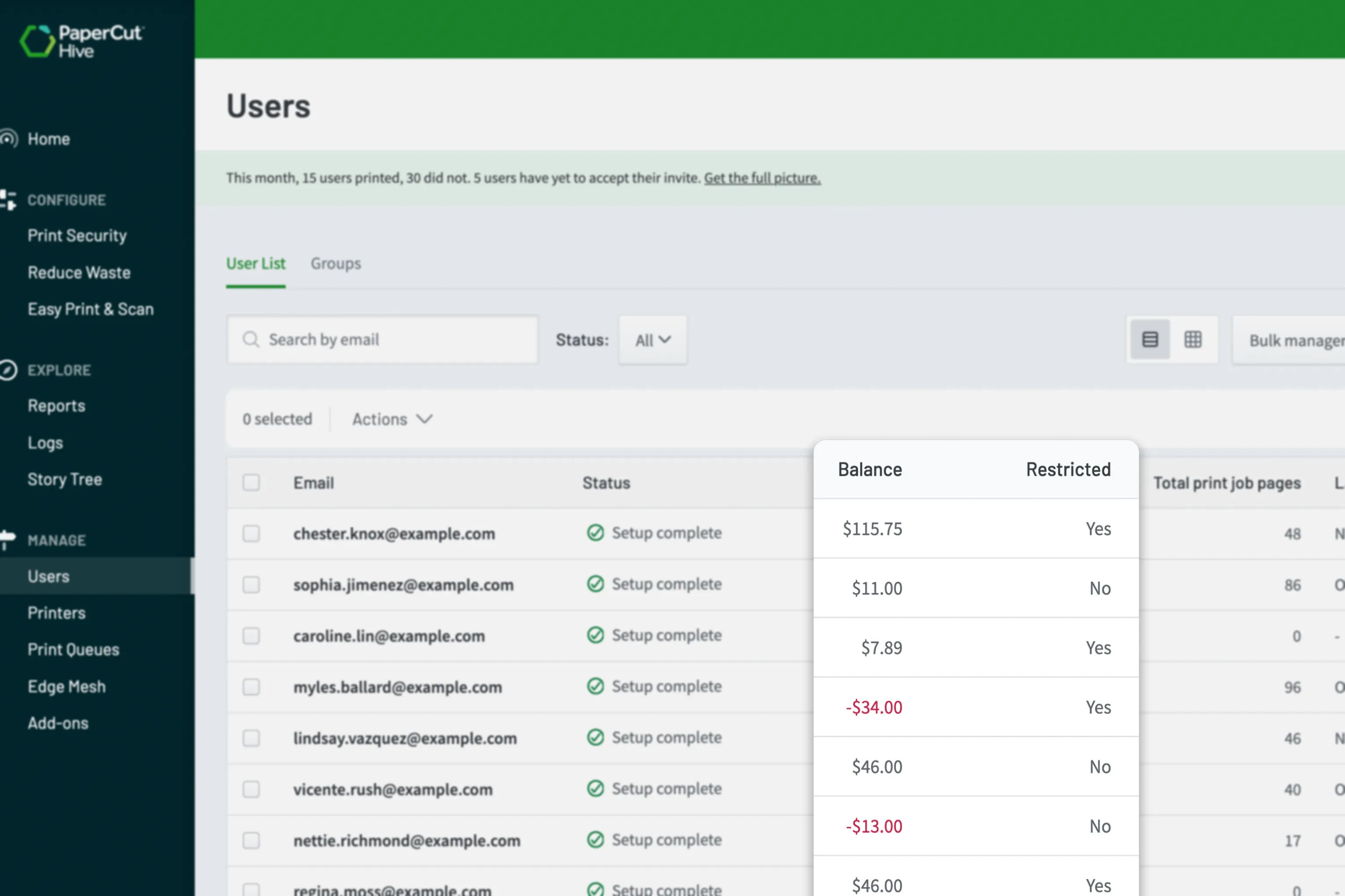 An image of paperCut Hive user table highlighting the user balance and restricted columns