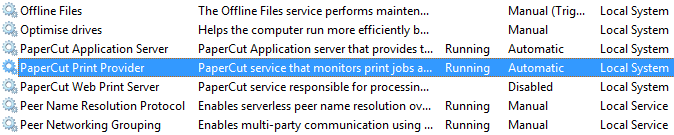 Services panel in Windows, showing the PaperCut Print Provider Service highlighted