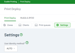 Screenshot of the Print Deploy tab, Settings section showing the User Identity method set to AUTO