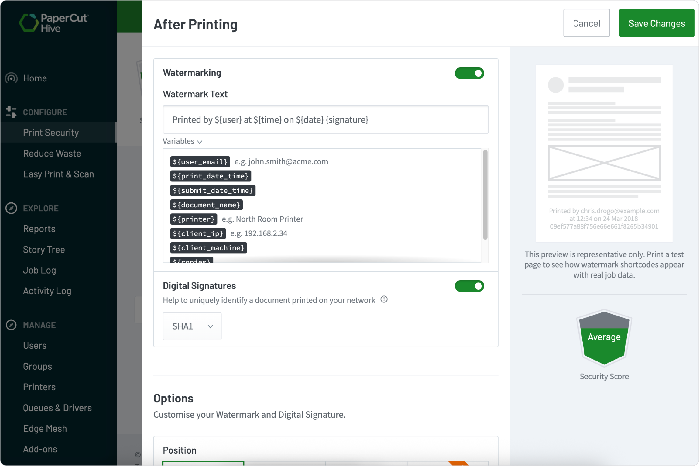 A screenshot from PaperCut Hive showing how a user can configure security options for their organization