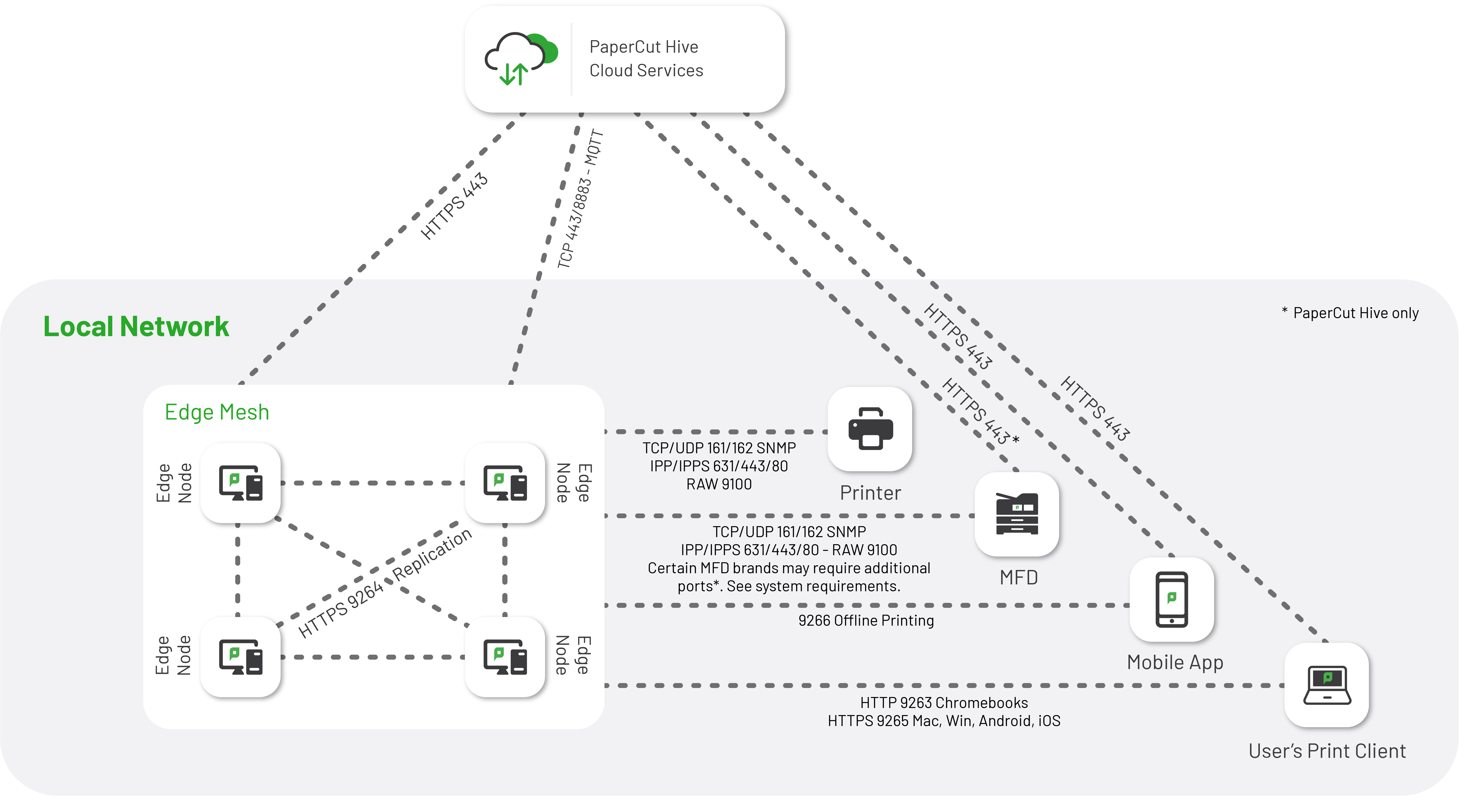 Network traffic flowing around a PaperCut Pocket or PaperCut Hive environment