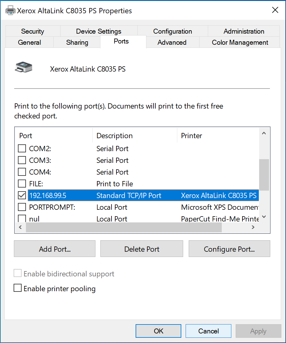 Port number on Printer Properties page