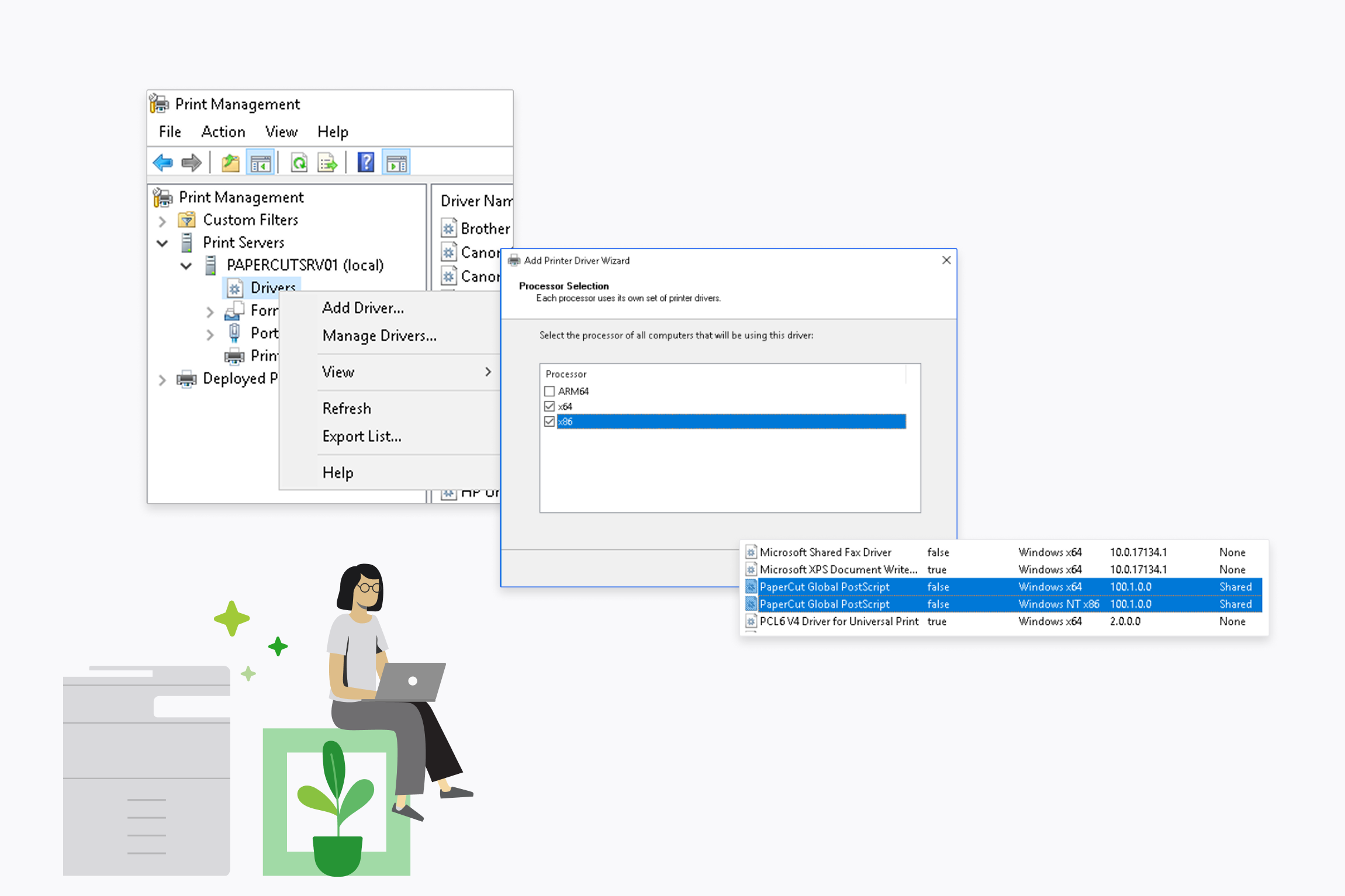 A computer screen with Print Management settings dialog box open, showing the PaperCut Postscript Global driver is two files.