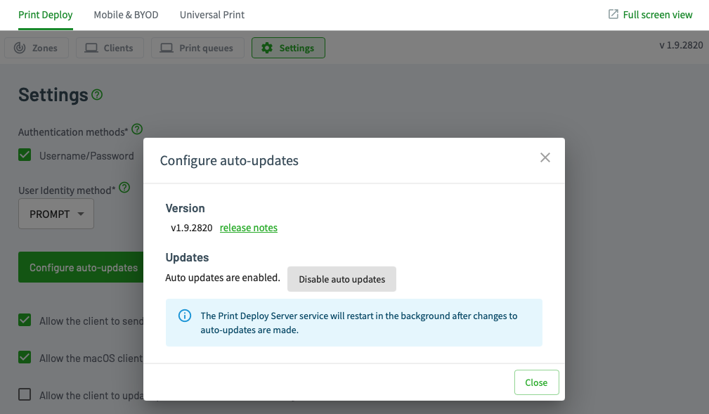 Screenshot showing the version information of a PaperCut Print Deploy server, within the updates configuration panel