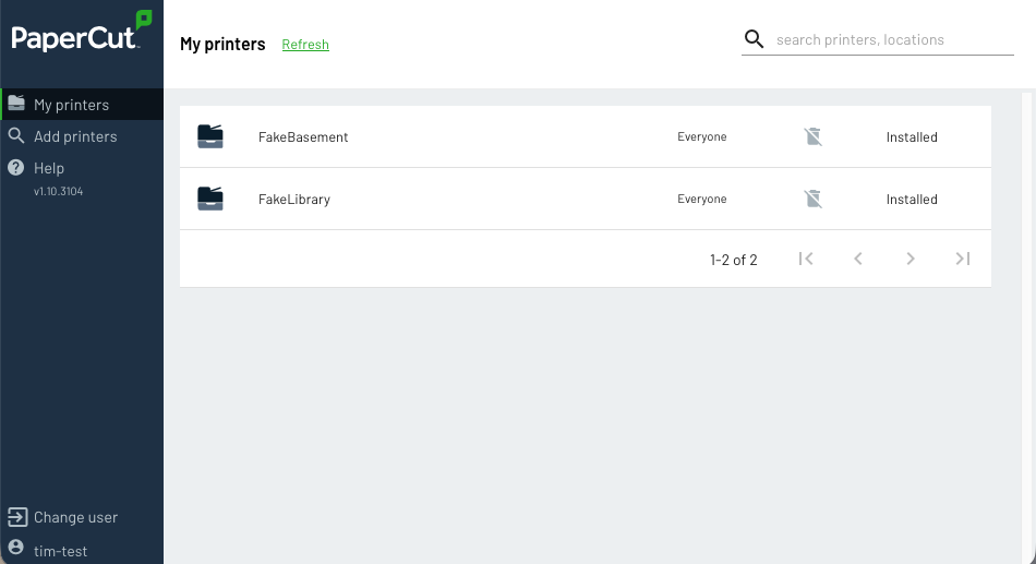 Screenshot of the Print Deploy client, with the 'My printers' tab selected. The version number is listed under the 'Help' tab.