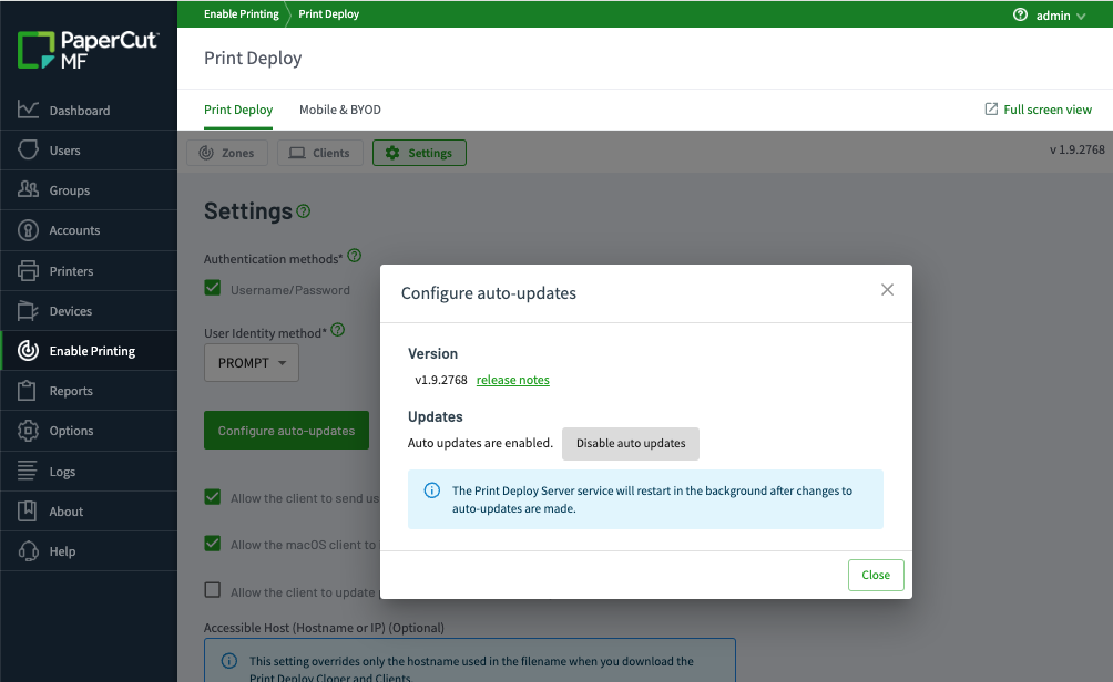 Screenshot of the popup showing the enable and disable buttons for auto updating.