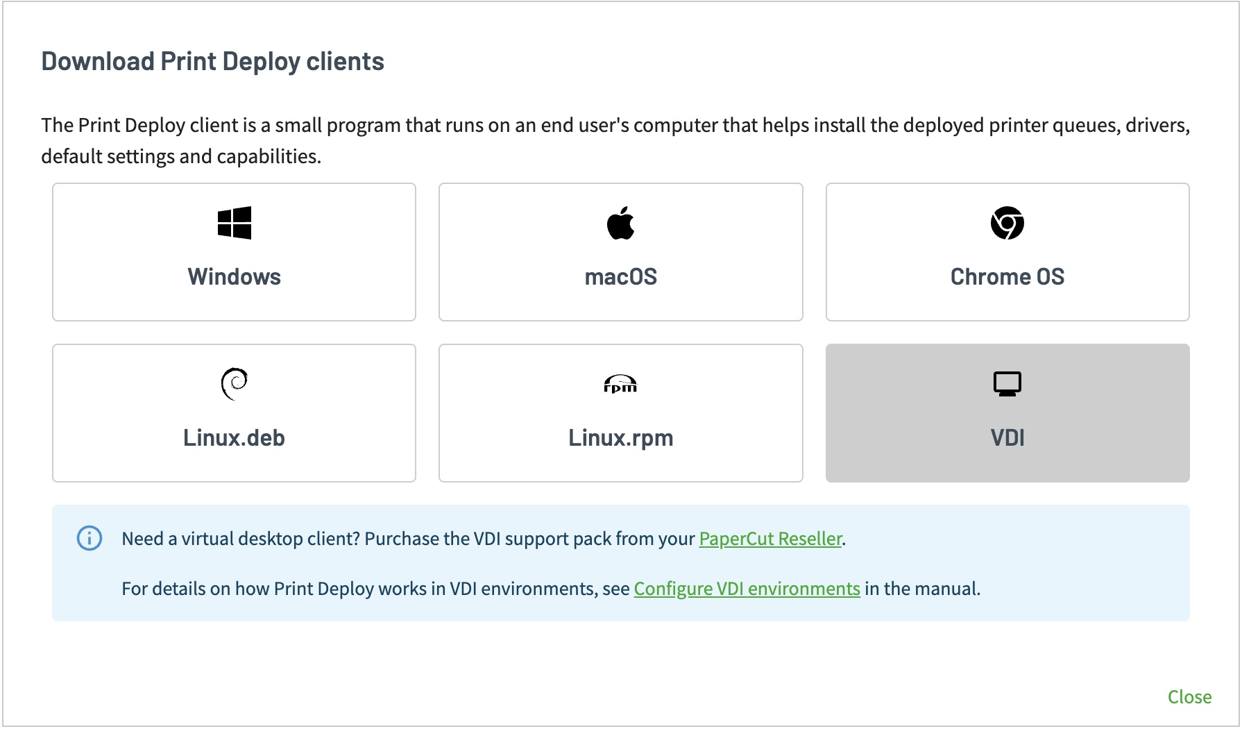 Screenshot of the Download Print Deploy clients page showing clients for Windows, macOS, ChromeOS, Linux.deb and Linus.rpm. Also shows a message about contacting your PaperCut Reseller if you want a VDI client.