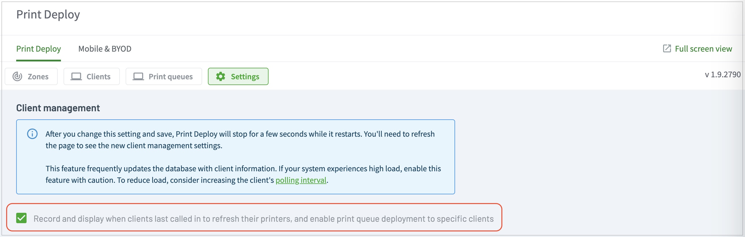Setting tab showing the checkbox selected