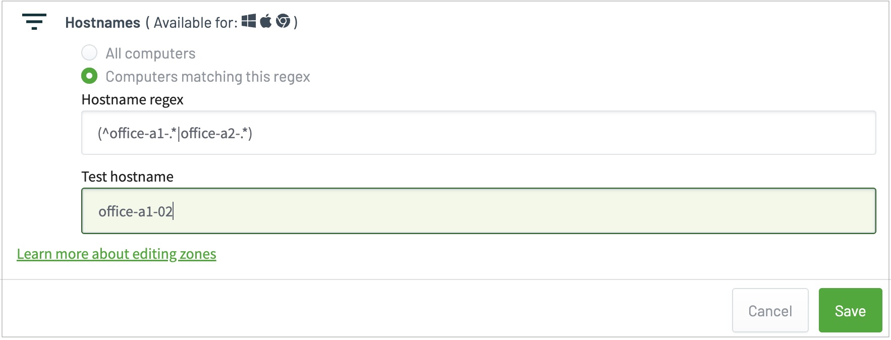 Hostname regex field containing (^office-a1-.*|office-a2-.*), and the Test hostname field showing office-a1-02