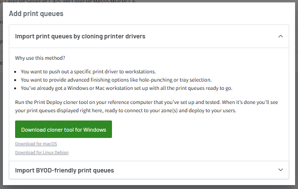 Screenshot of the "Import print queues by cloning print drivers" dropdown, showing the "Download cloner tool for Windows" button