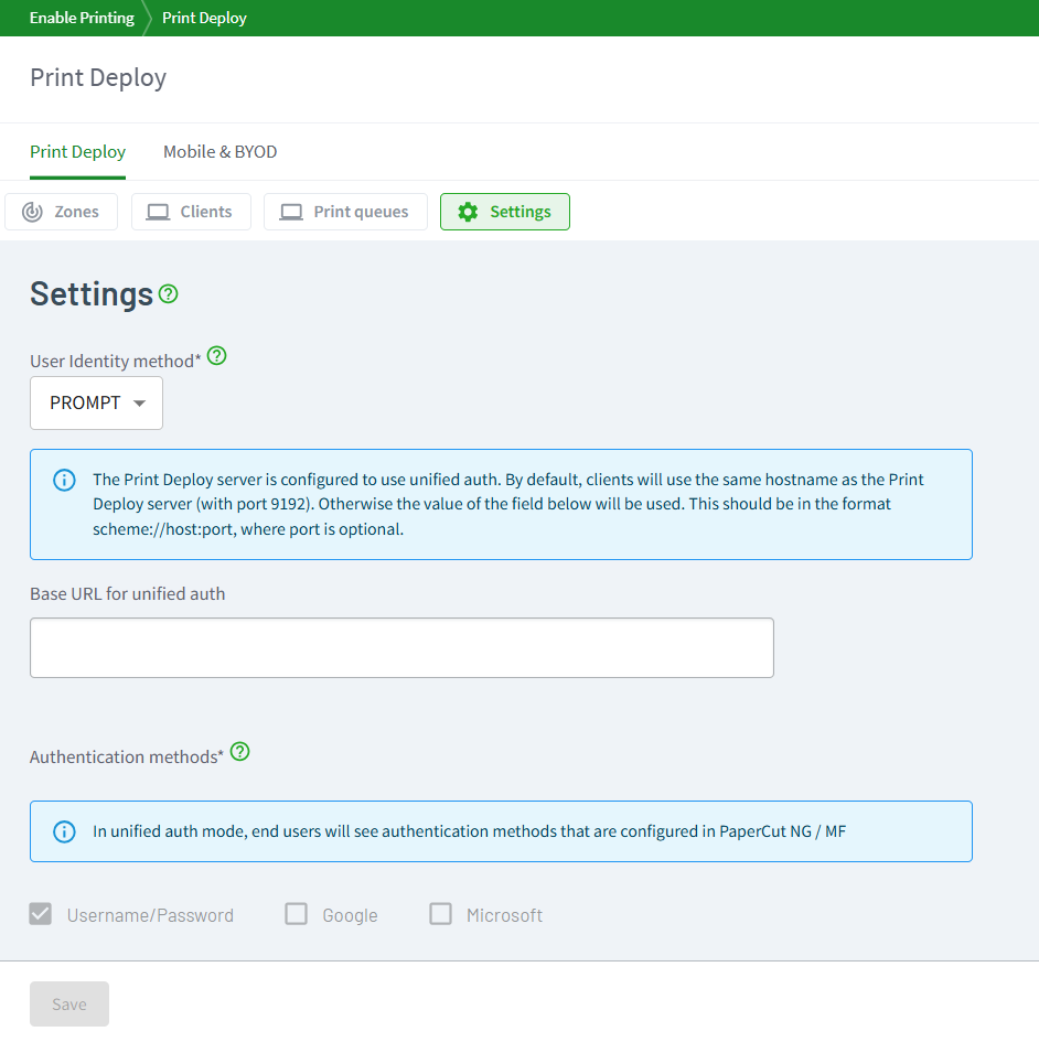 Screenshot of the Print Deploy Settings tab