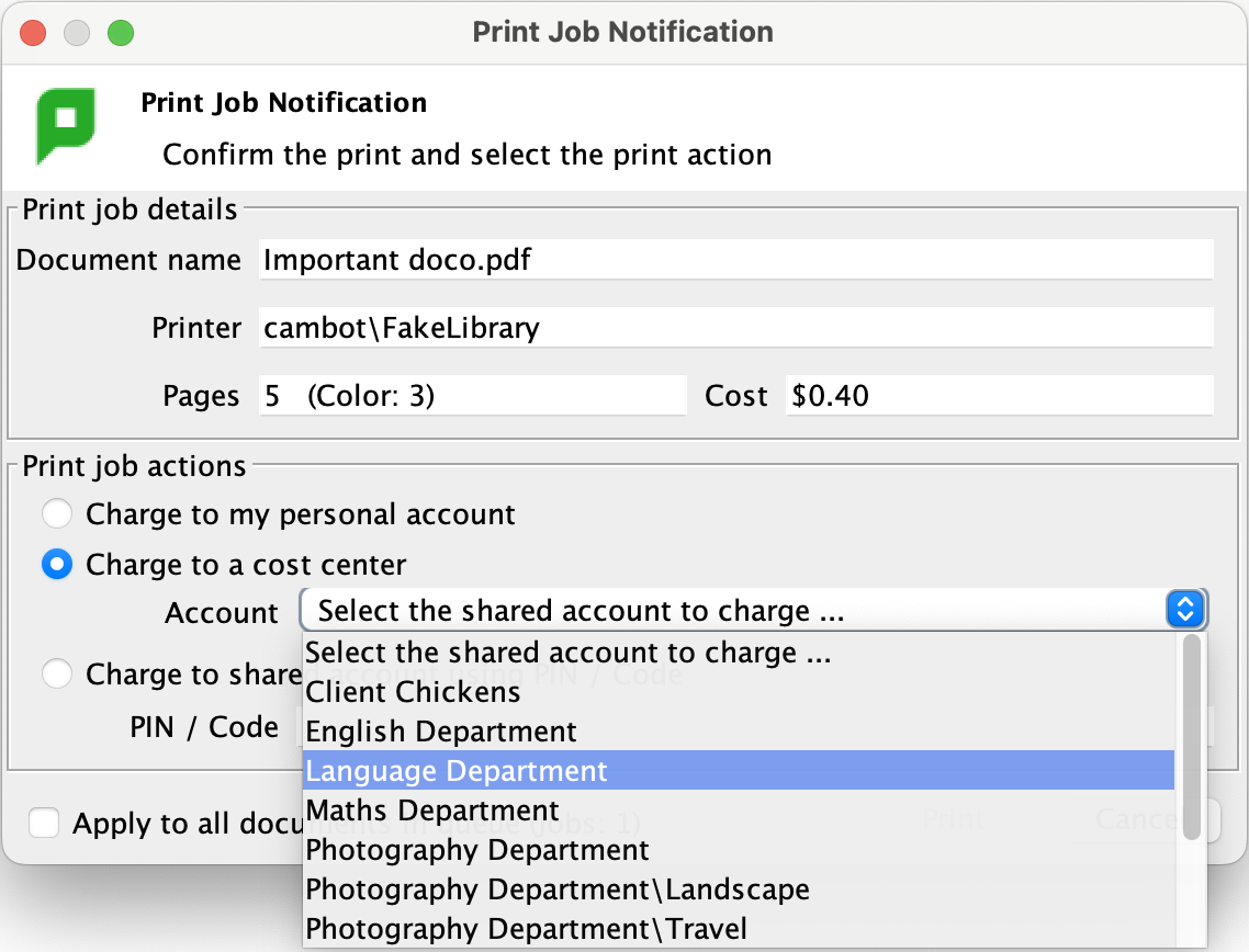 The user client's standard account selection popup