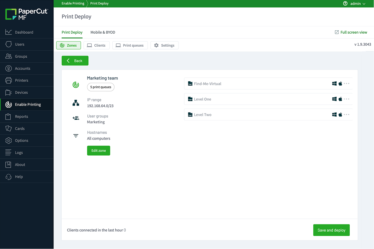 A screenshot of the PaperCut MF print deploy feature listing the print queues and drivers to the right person