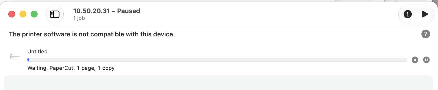 Screenshot showing a print queue with a paused print job, and error 