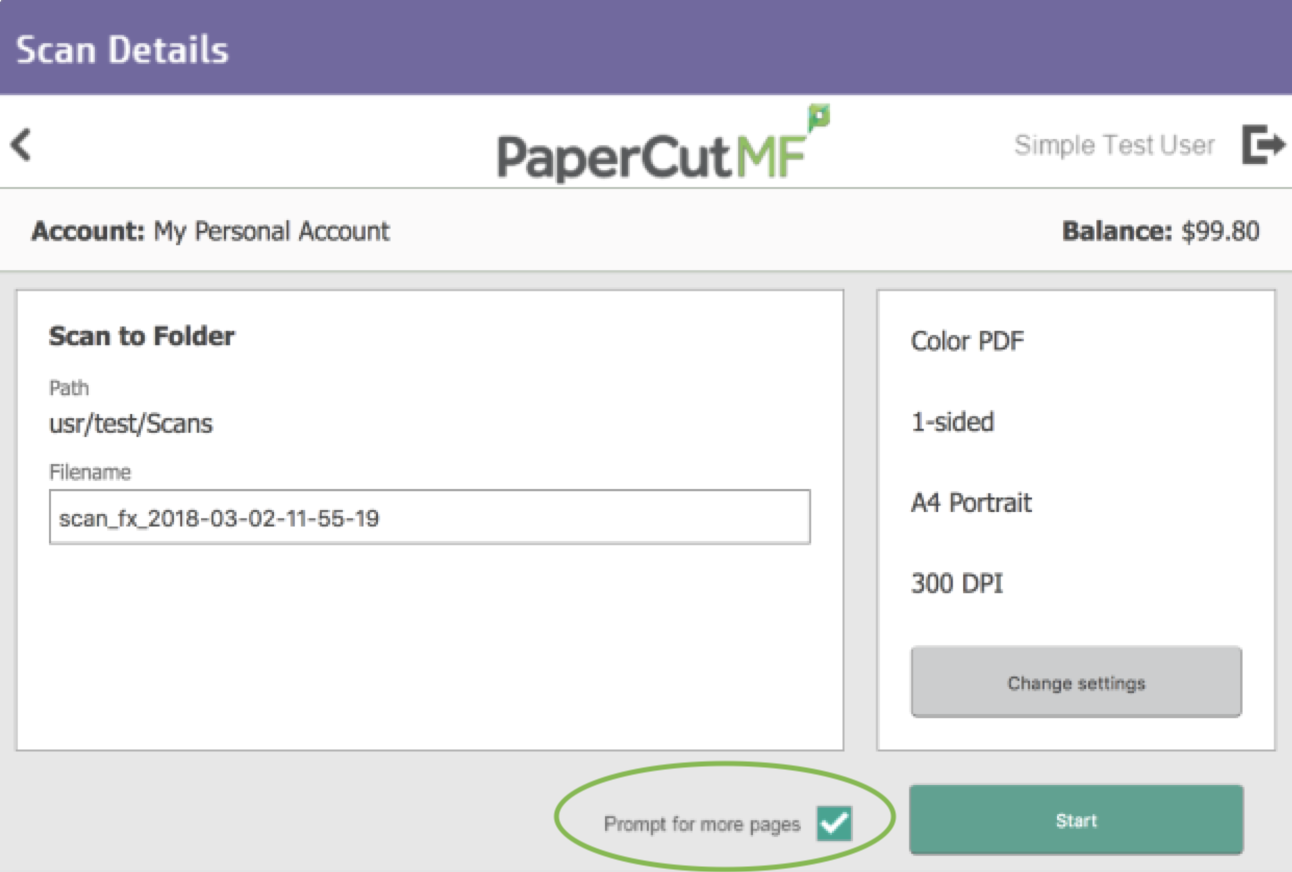 Scan details page showing the ‘Prompt for more pages’ checkbox