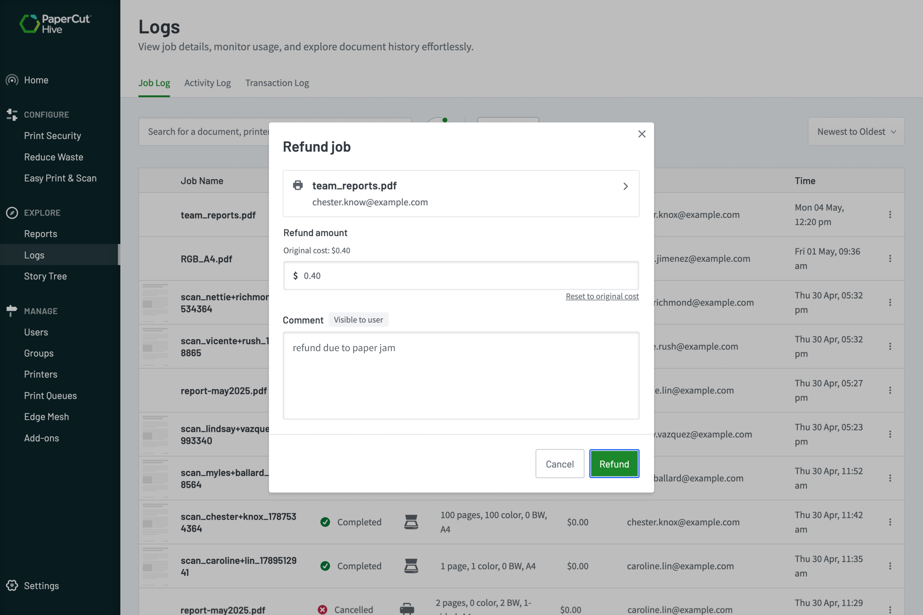 Admin refunds directly from the job log in PaperCut Hive