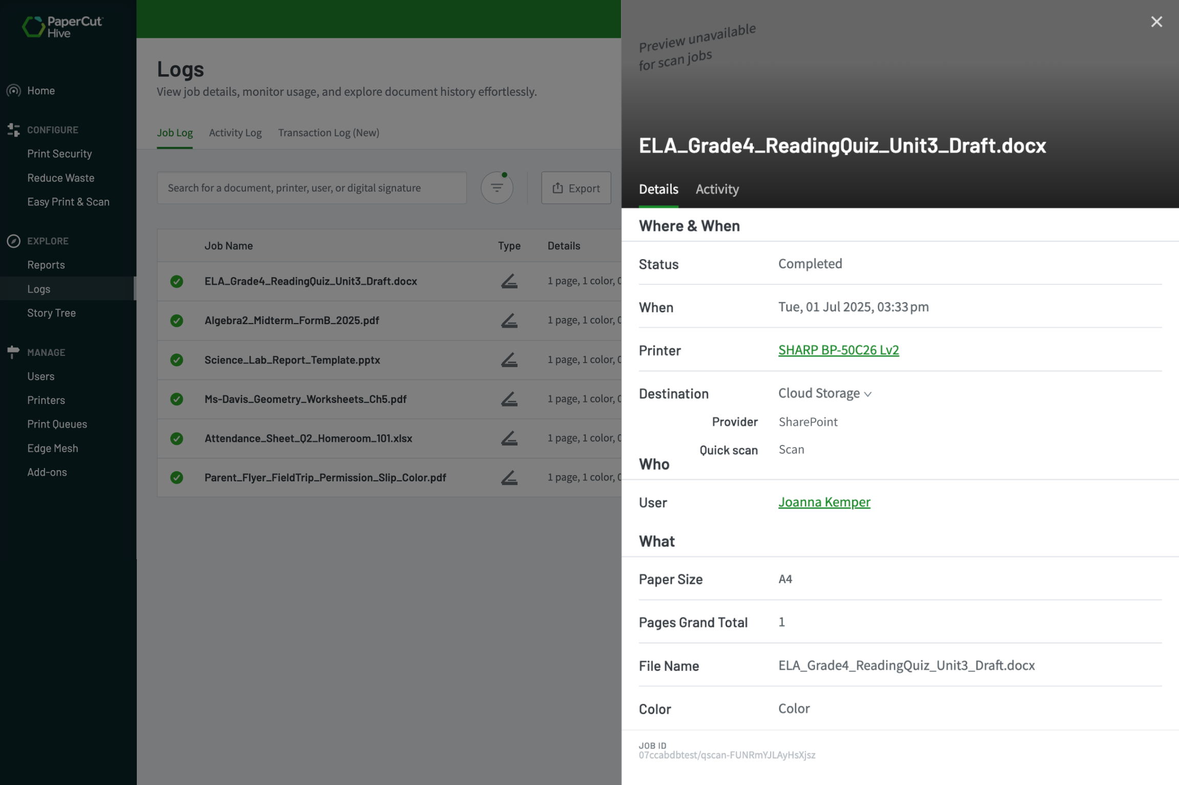 An image from PaperCut Hive showing how every job is visible and tracked in the Job Log.