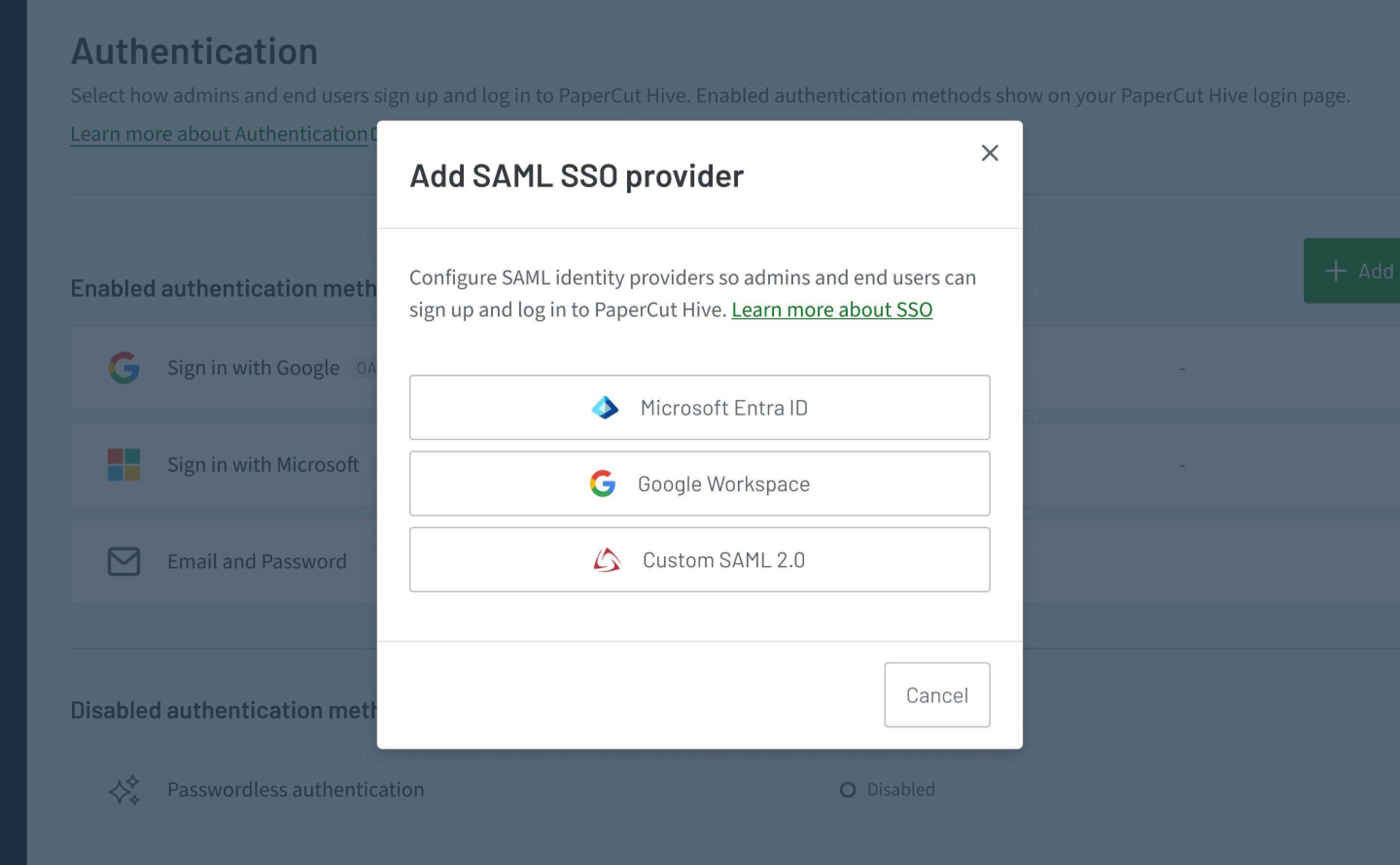 SSO and MFA Sign In Screen for PaperCut Hive