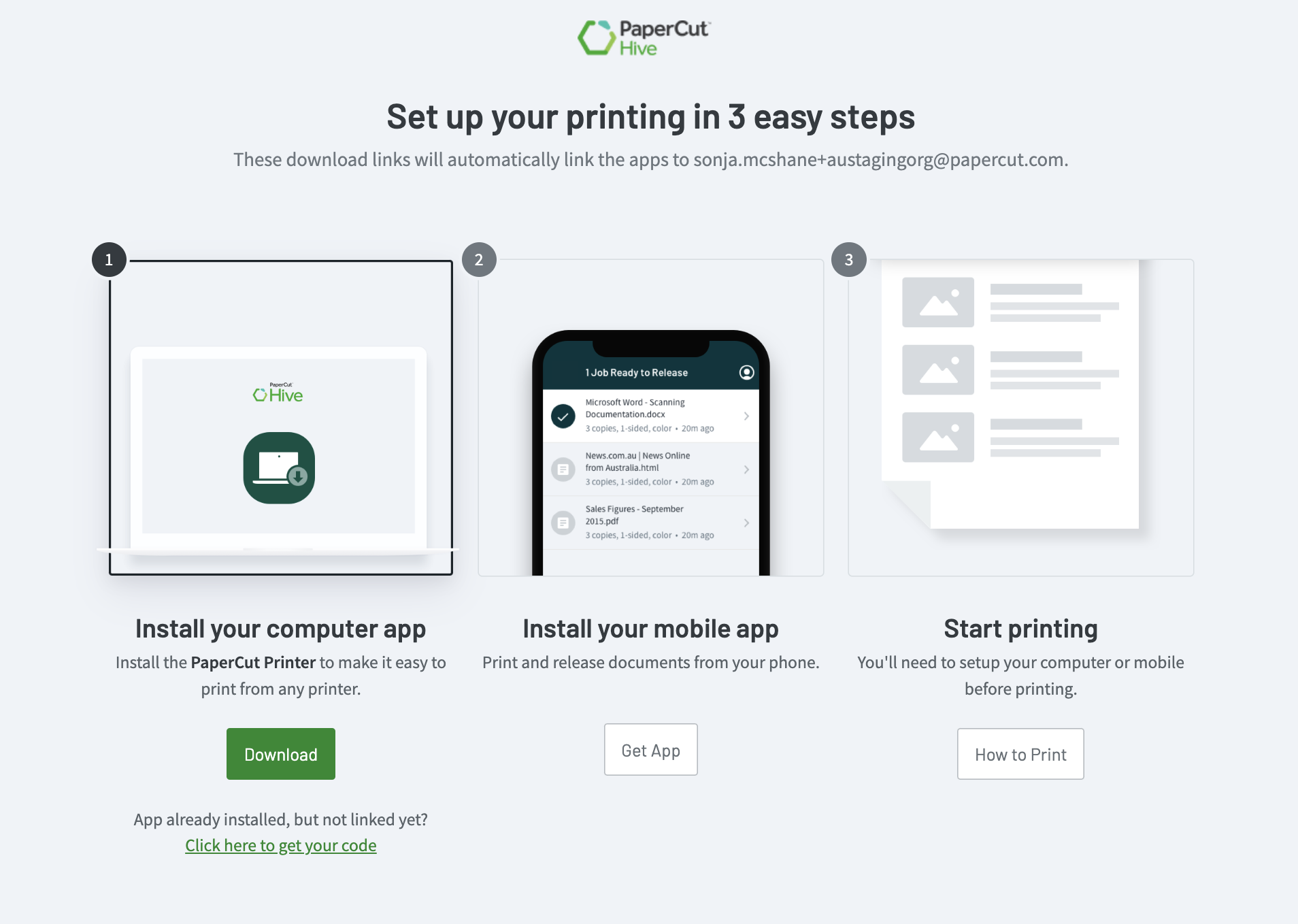 The &quot;Set up your printing in 3 easy steps&quot; web page.