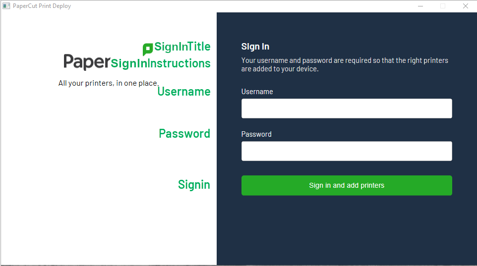 Screenshot of the Print Deploy sign-in page, showing the SignInTitle and SignIninstructions at the top, with the username and password fields and finally the text on the 'sign in' button.
