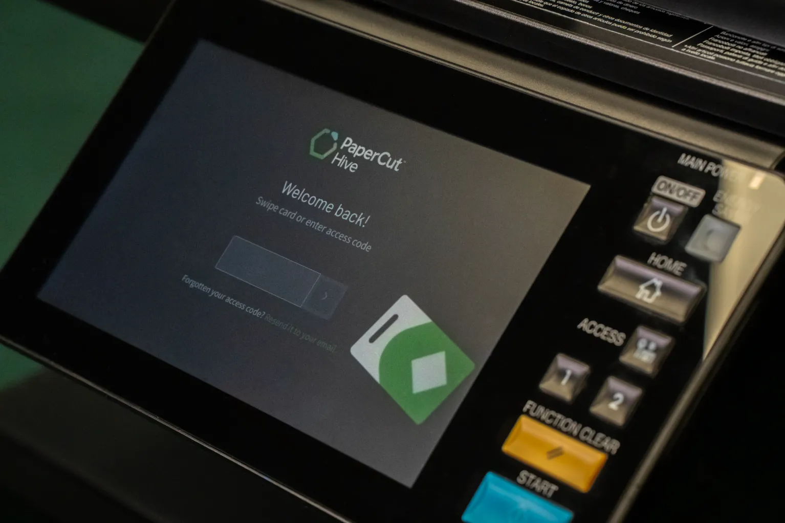 An image of the PaperCut Hive experience on a MFD user interface