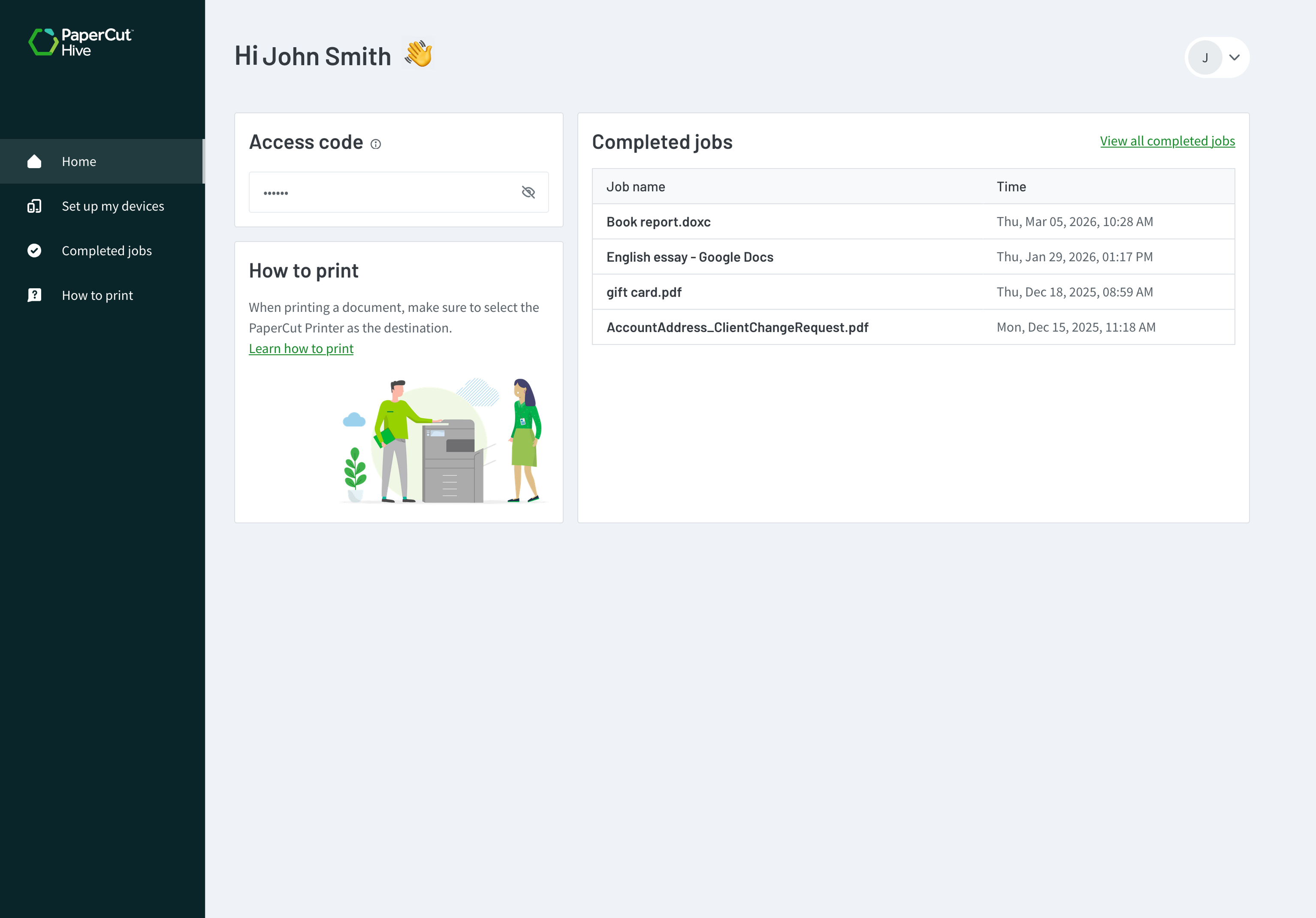 The PaperCut Hive end user app and print app, showing the print release being denied due to the user having insufficient funds