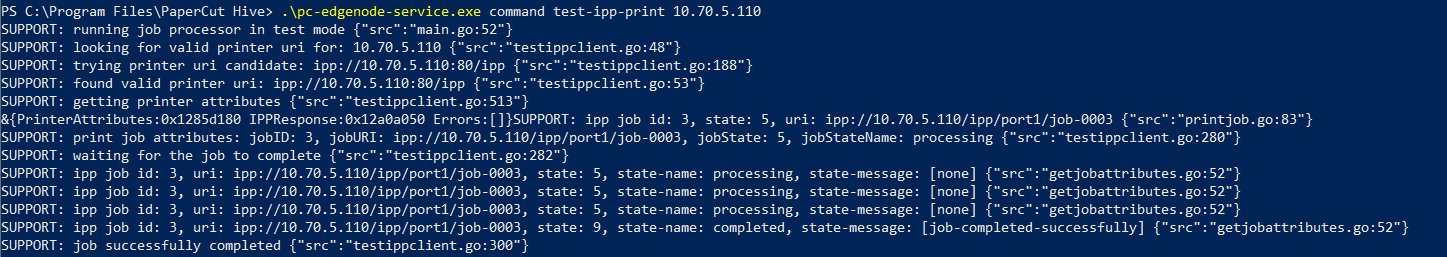 Example of a successful test print job over IPP.