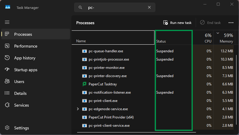Windows Task Manager showing suspended Hive and Pocket services