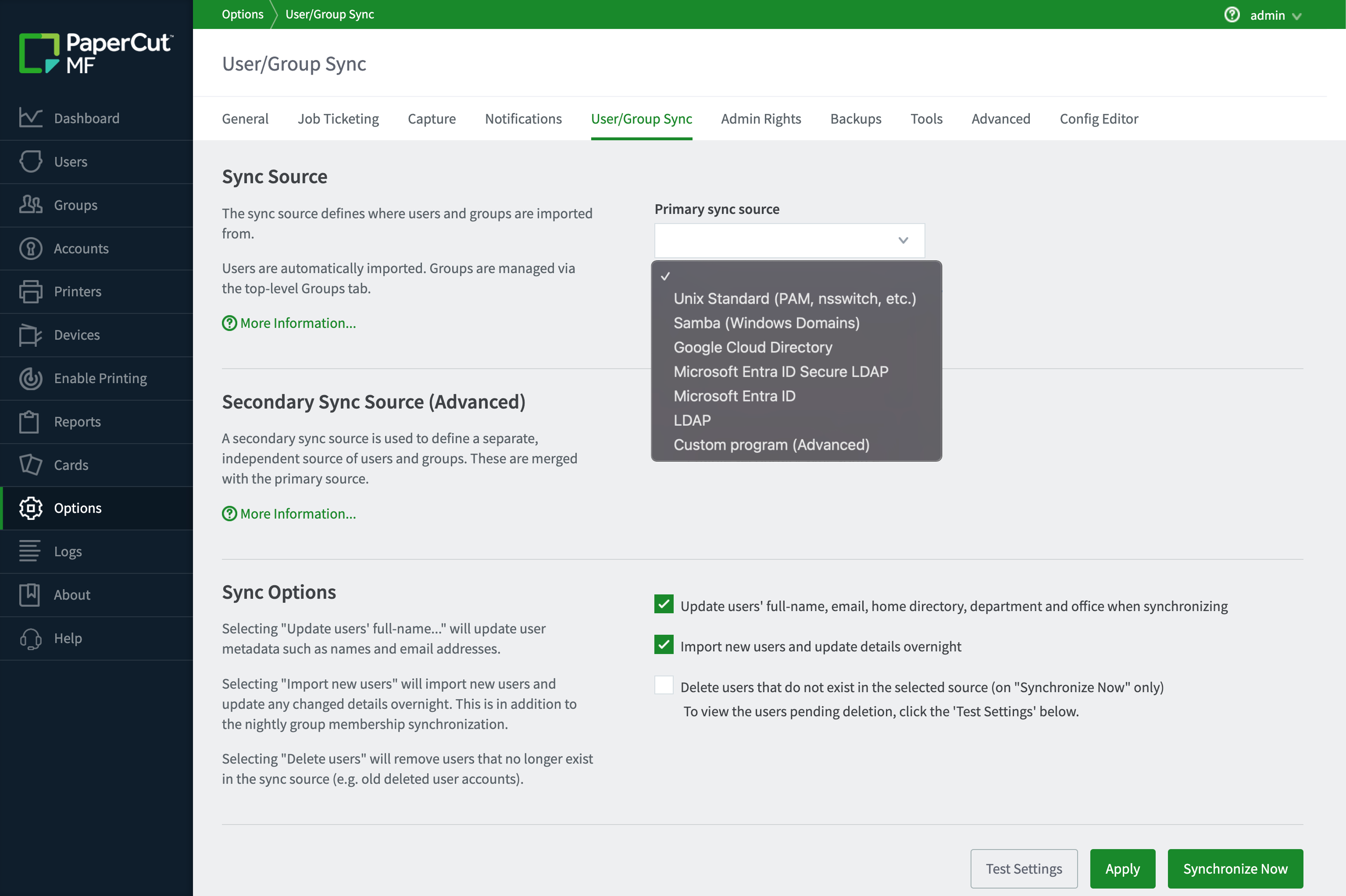 The PaperCut MF user table with the user balance and restricted column highlighted